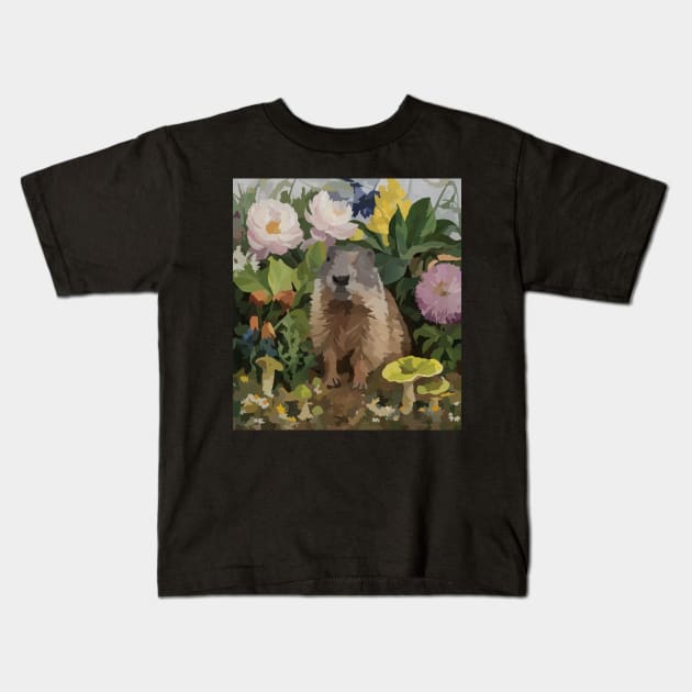 watercolor flowers surrounding a wild Groundhog Kids T-Shirt by Catbrat